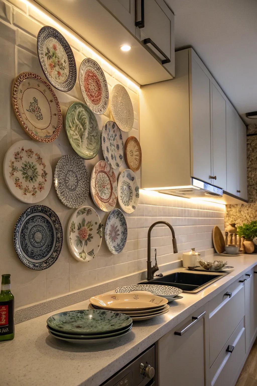 Decorative dishes offer a nostalgic and colorful kitchen accent.