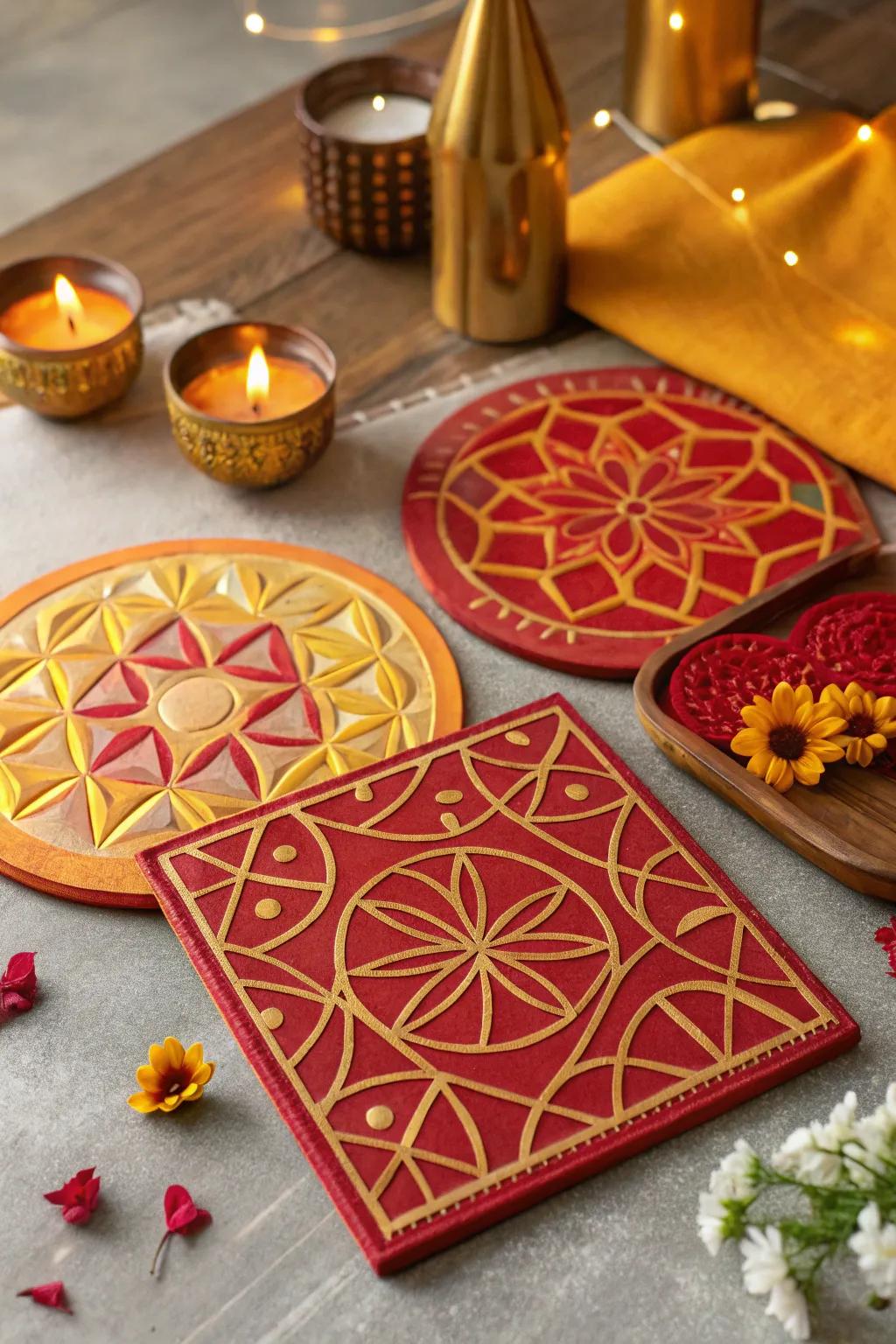 Vibrant trivets accented with geometric patterns add style and protect surfaces on the Diwali surface.