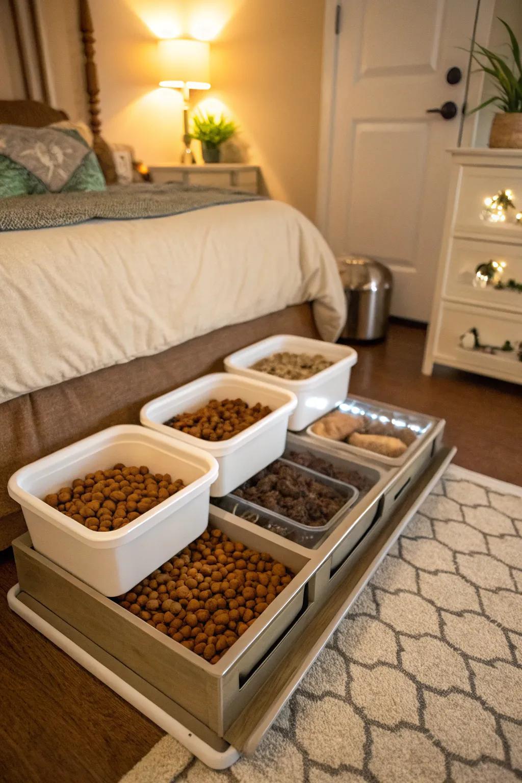 Under-bed storage containers provide an unobtrusive solution for extra dog food supplies.