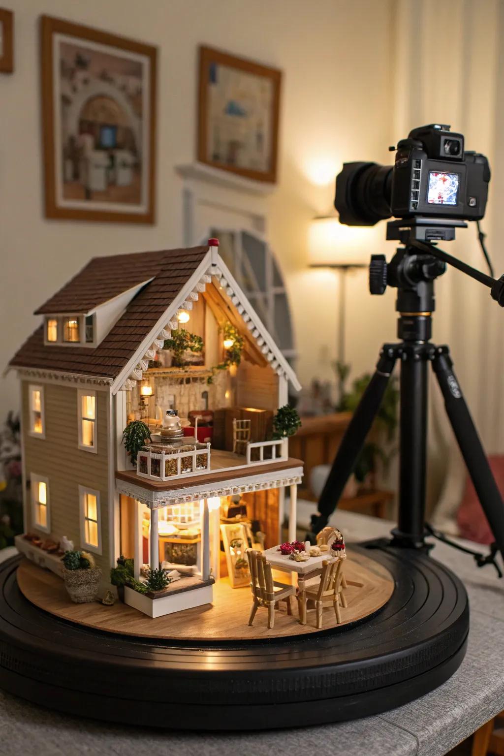 A turntable enables full viewing of a dollhouse.