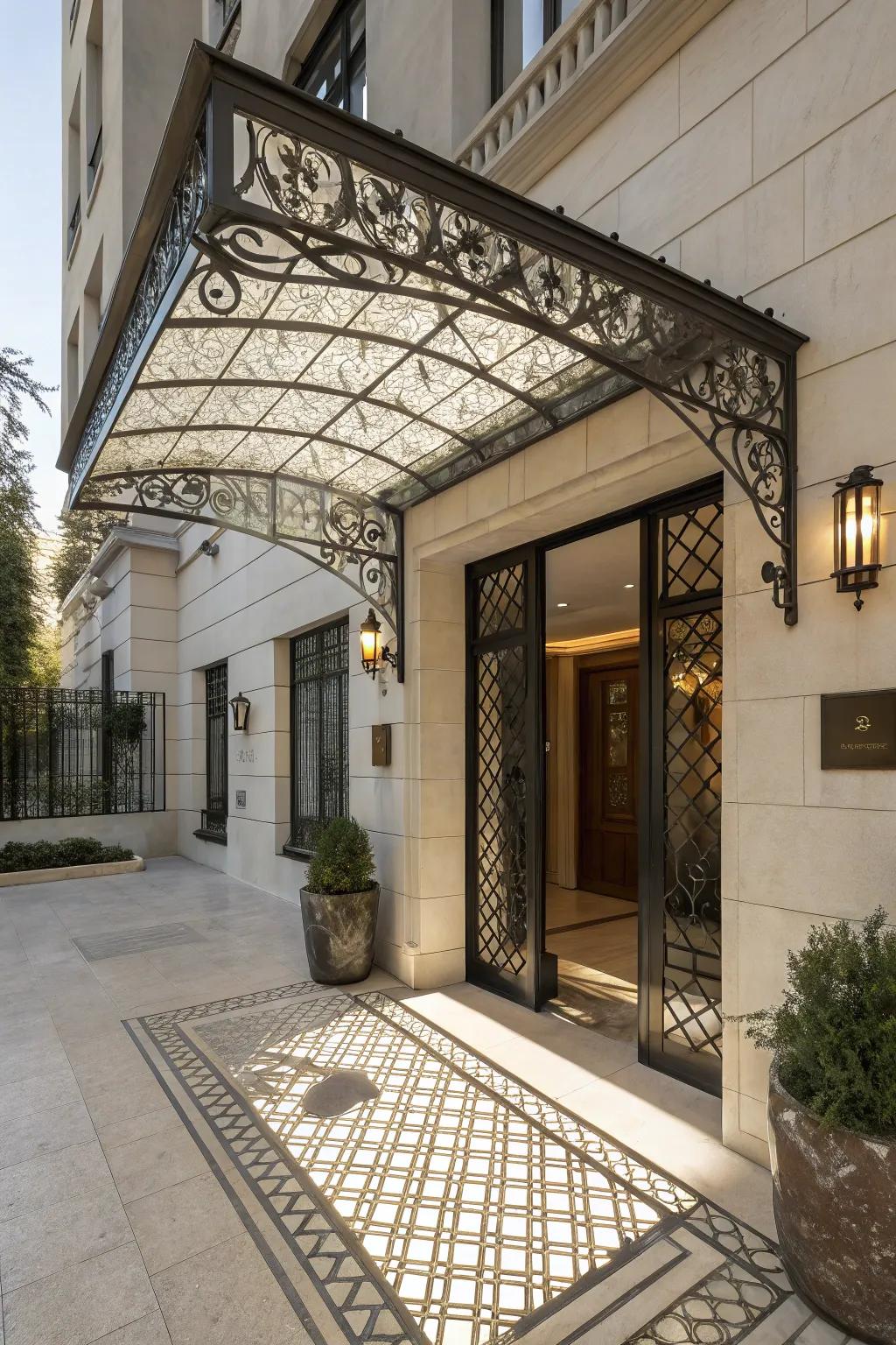 A decorative metallic screen shelter that combines art and functionality.