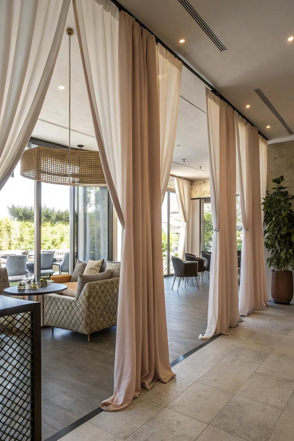 Forge versatile spaces with drape area dividers.