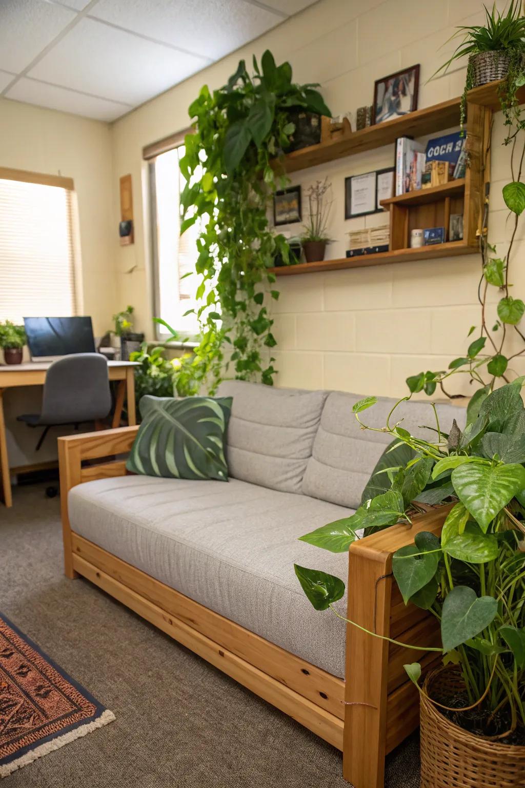 The environmentally friendly couch goes well with the green decor in this dorm.