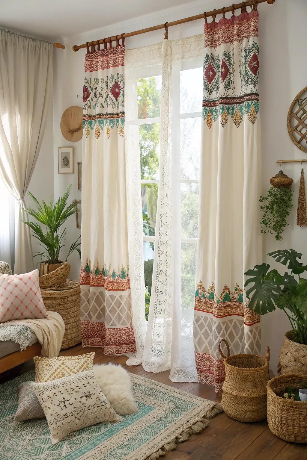 Layered lace and patterns bring a relaxed bohemian vibe to this inviting living room.