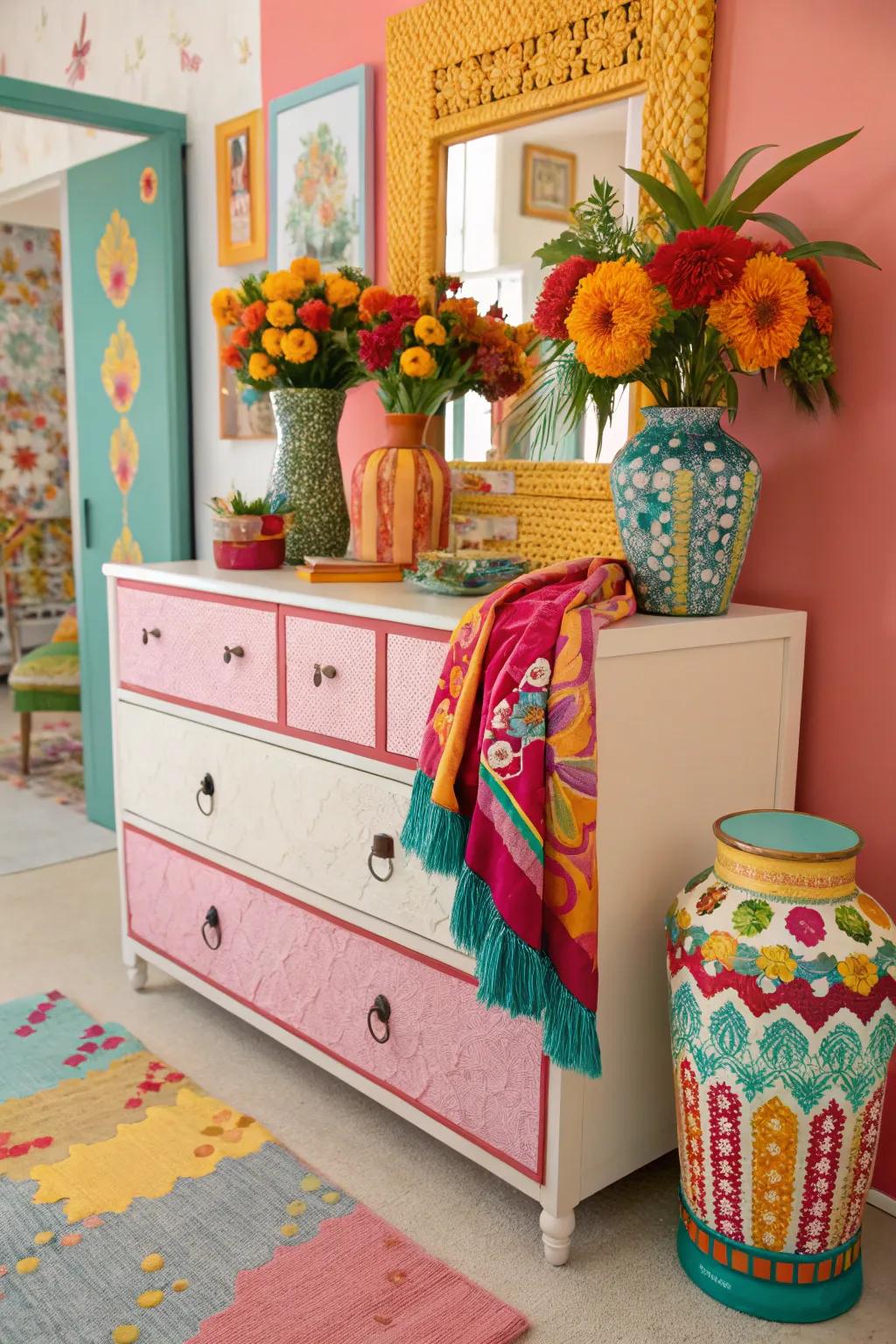 Bold colors create a lively statement on the dresser.
