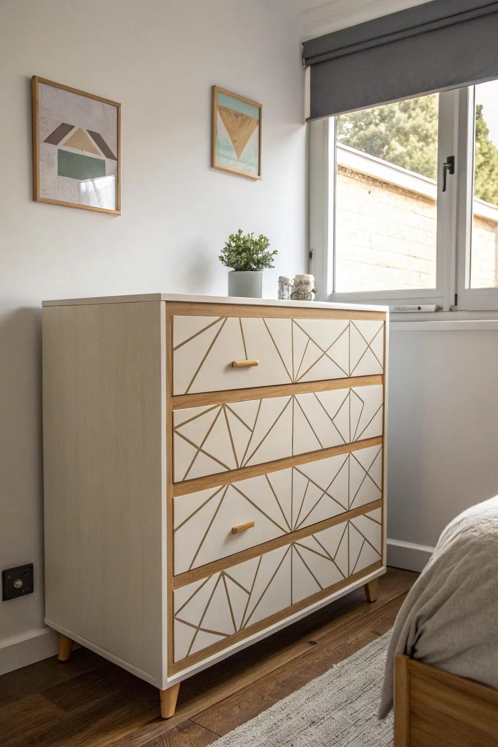 A geometric design dresser adding a contemporary edge to a small bedroom.