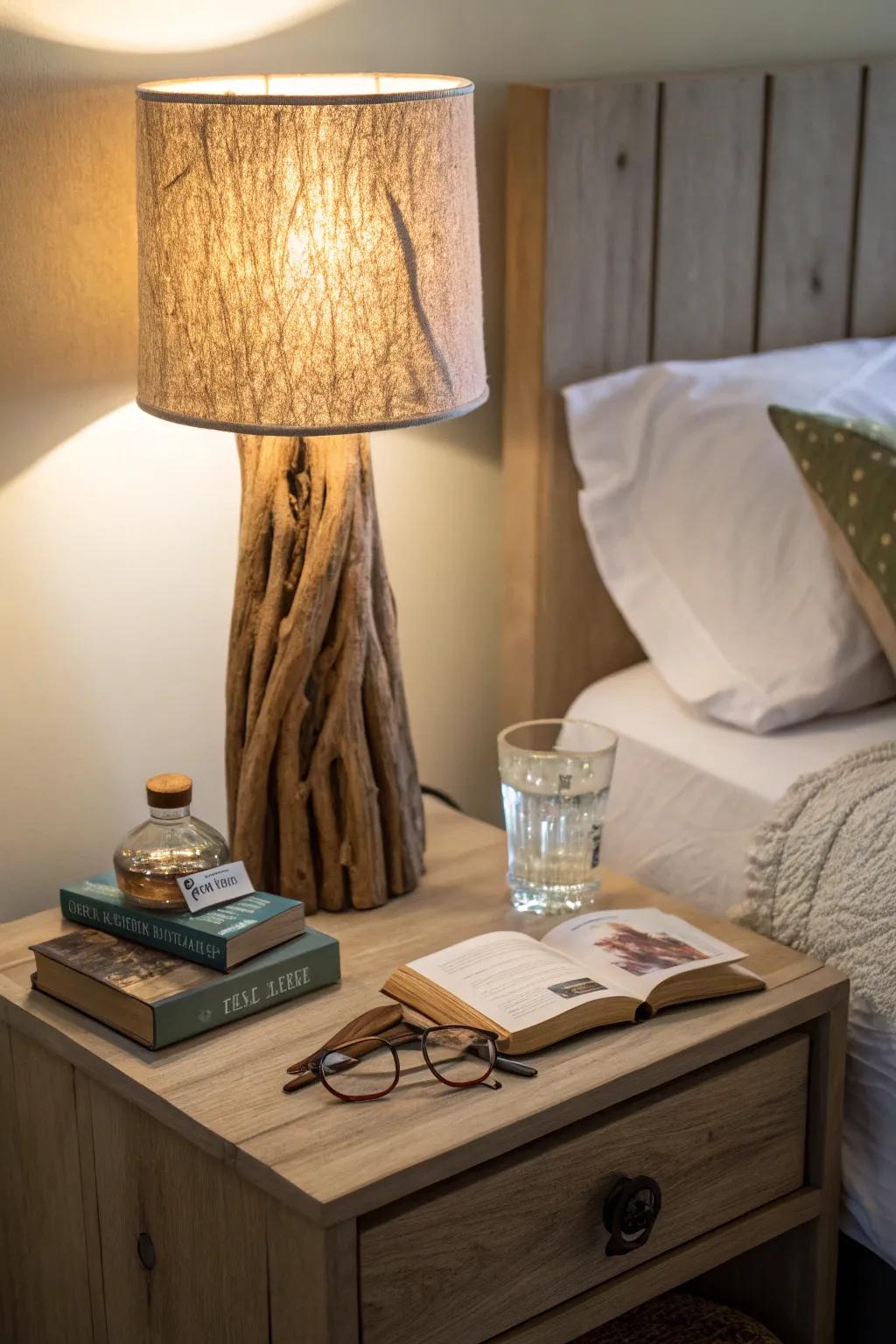Illuminate your space using a found-wood lamp.