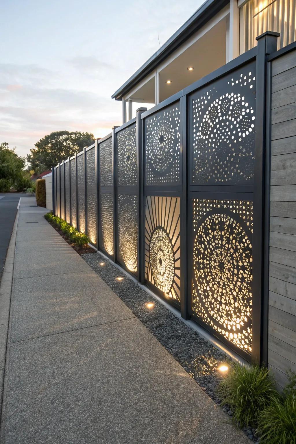 Drilled metallic panels deliver seclusion and visual intrigue.