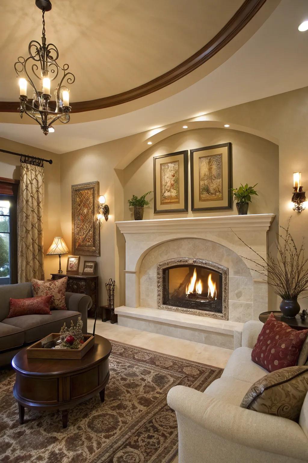 Curves add a touch of refinement to a drywall fireplace.