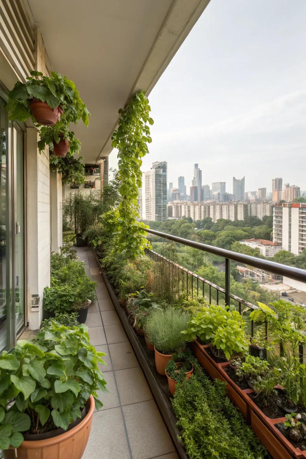 A city apartment balcony decorated with a vibrant and productive garden.