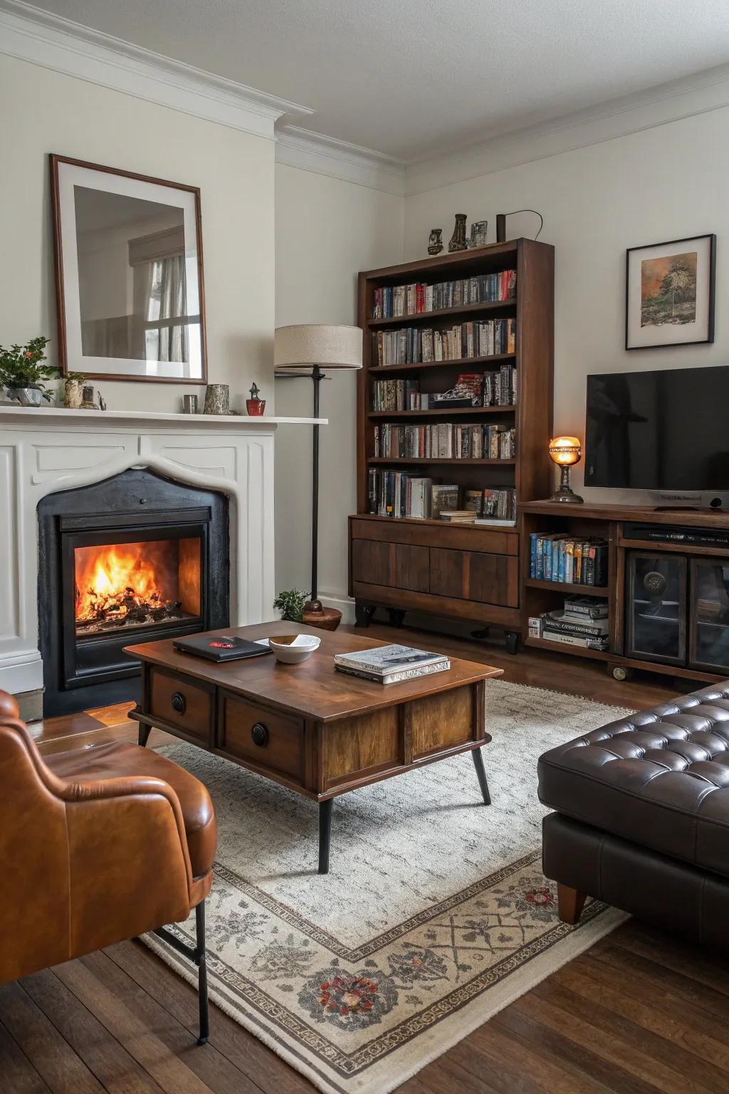 A captivating blend of vintage and modern styles with an electric fire feature.