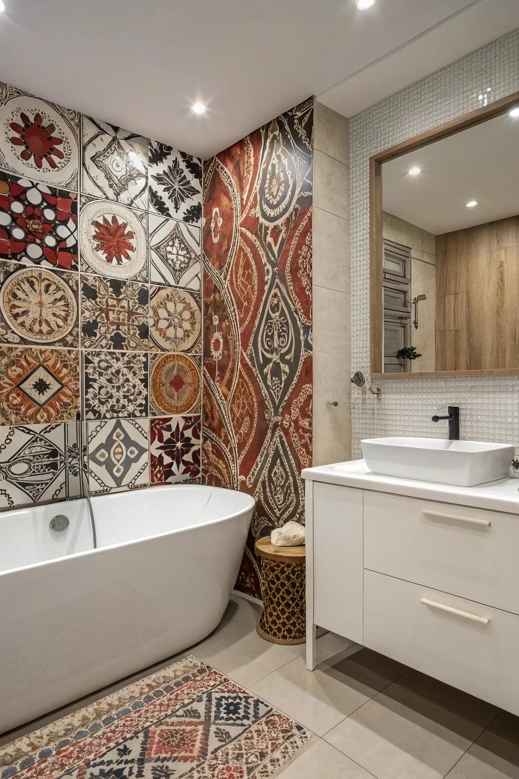 A feature wall injects personality into this refined bathroom.