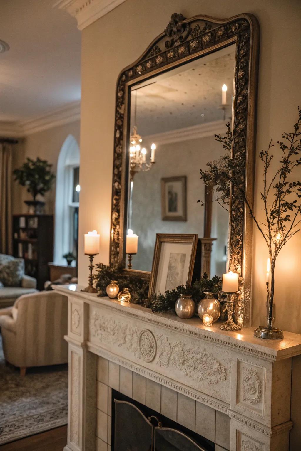 An antique mirror imparts sophistication and dimension.