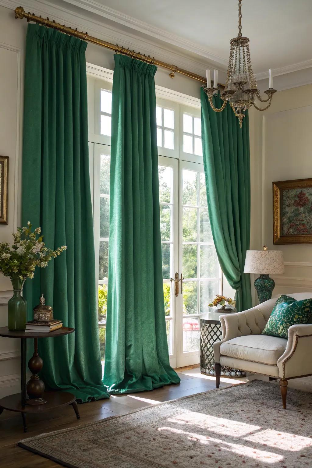 Green curtains shape the living space wonderfully.