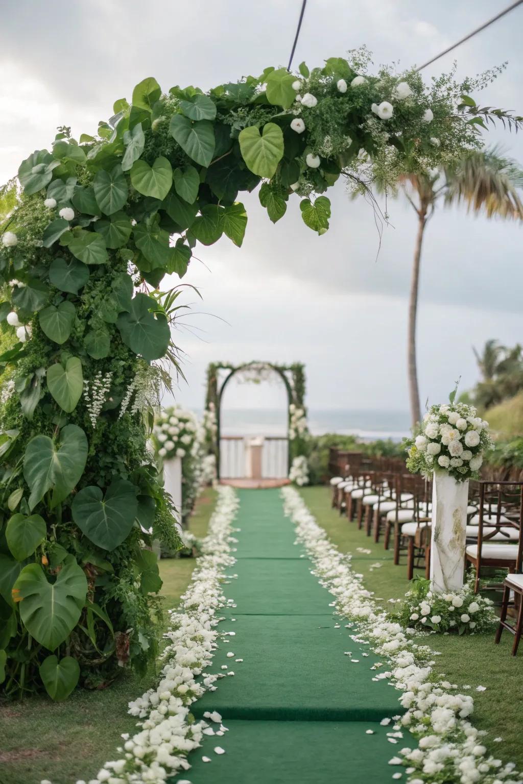 An outdoor pathway adorned with emerald plant life.