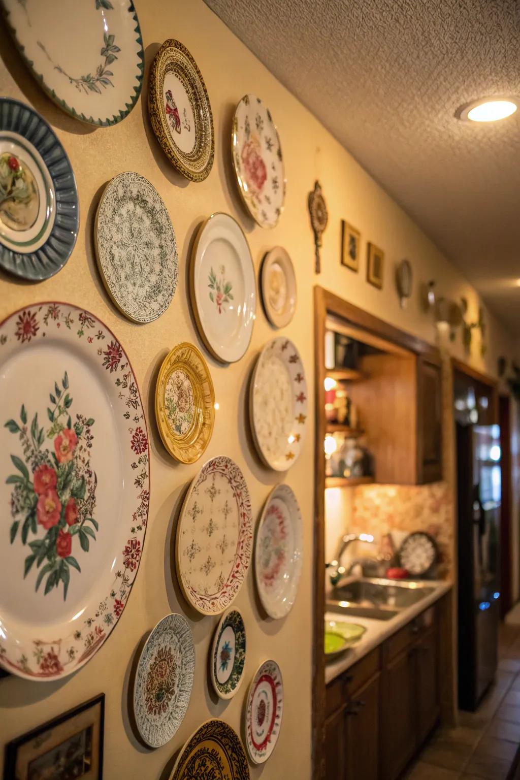 A delightful display of old plates adding charm to the space.