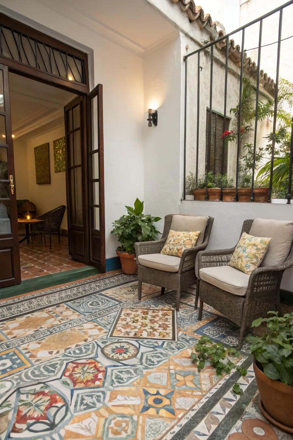 A stylish patio featuring aesthetic ground coverings that complement the overall design.