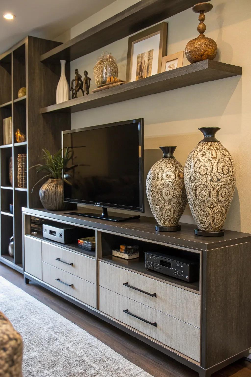 Oversized decor pieces make use of the upper space on this media hub.