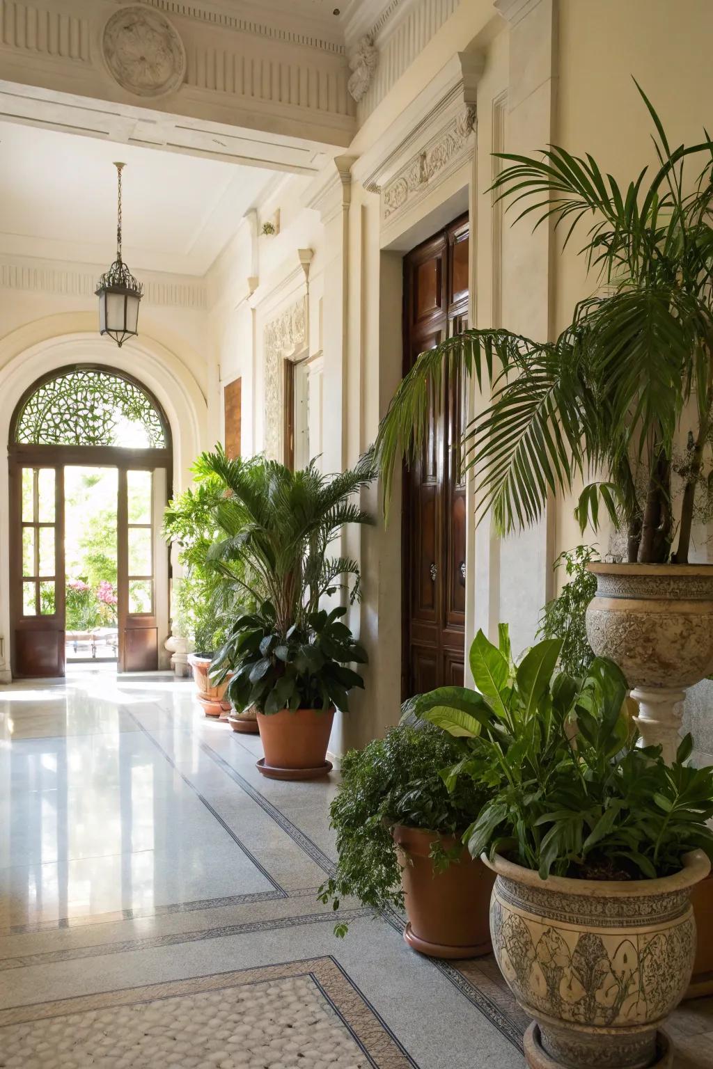Indoor plants bring freshness and vitality to the entryway.