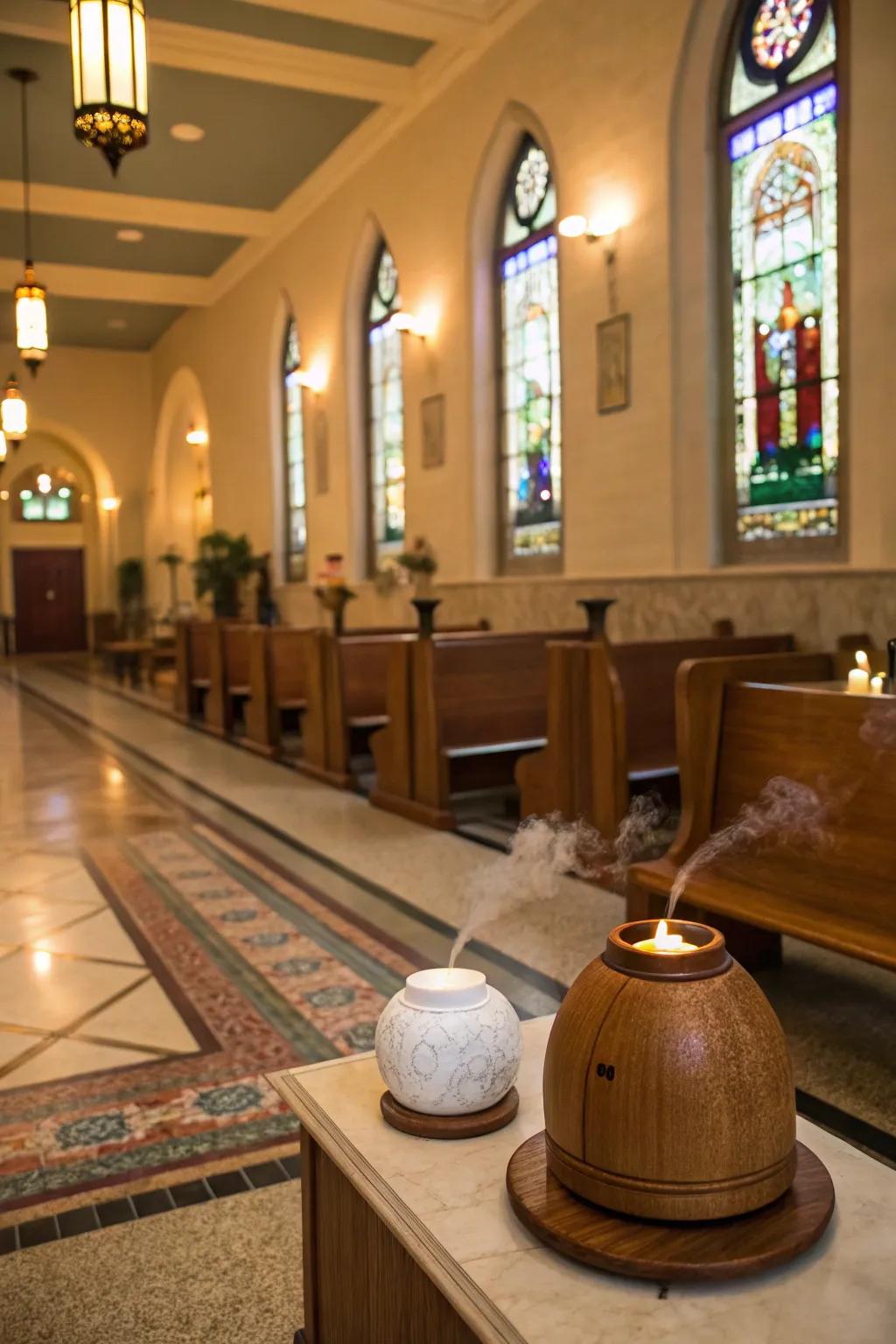 A delicate scent enhances the sensory experience in the church lobby.