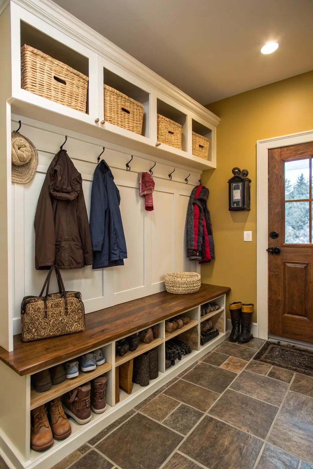 Integrated seating optimizes space and introduces a sleek appearance to this mudroom.