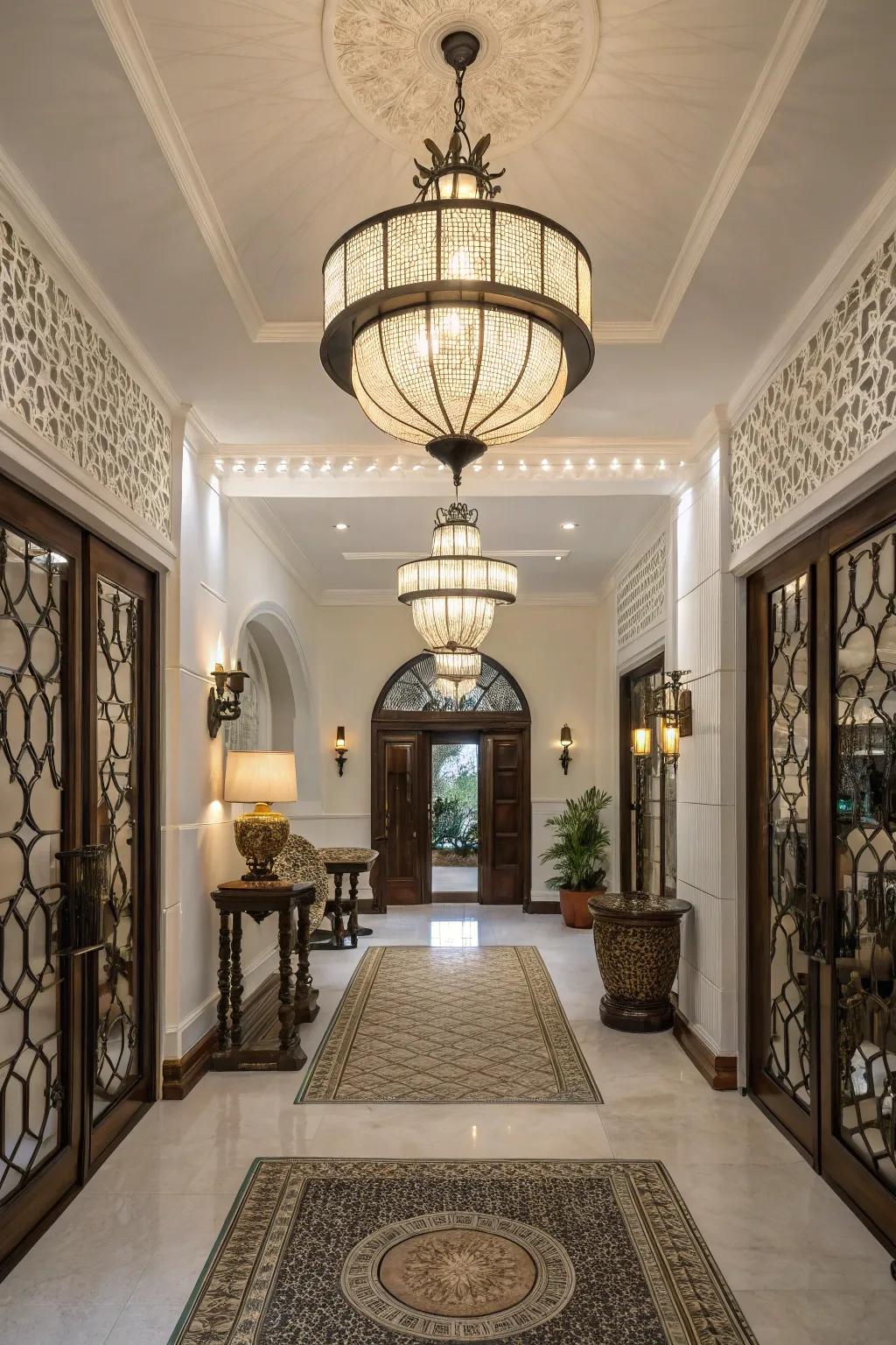 A foyer featuring contemporary lighting in a traditional setting for a unique design.