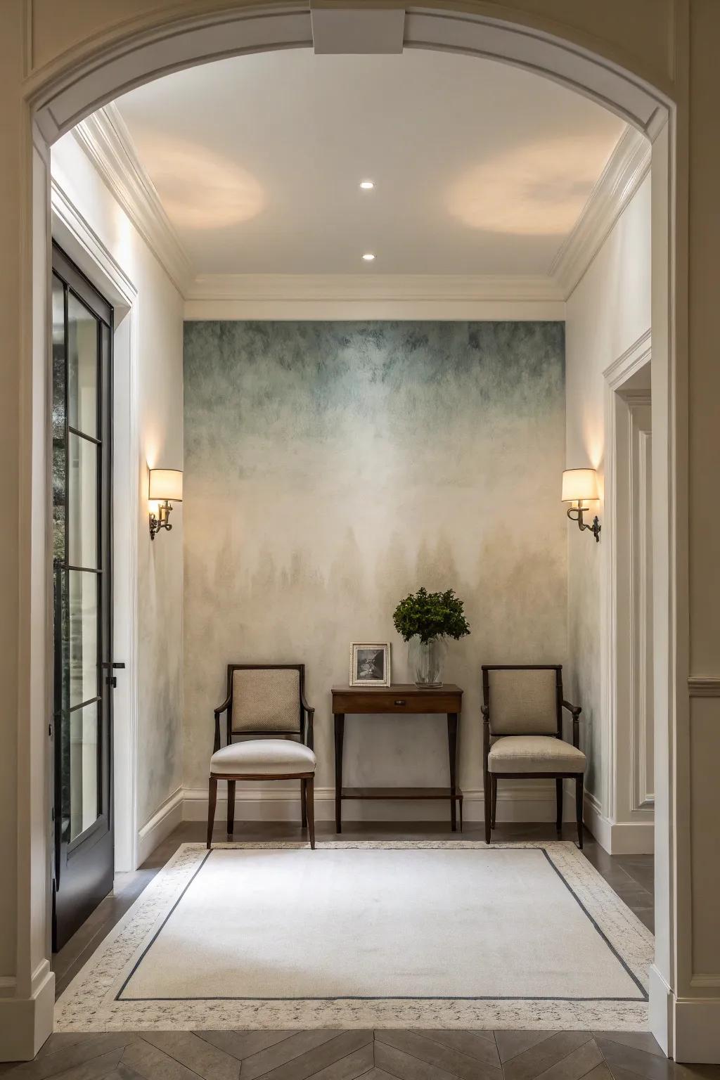 Airy entryway featuring subtle ombre wallpaper for a spacious feel.