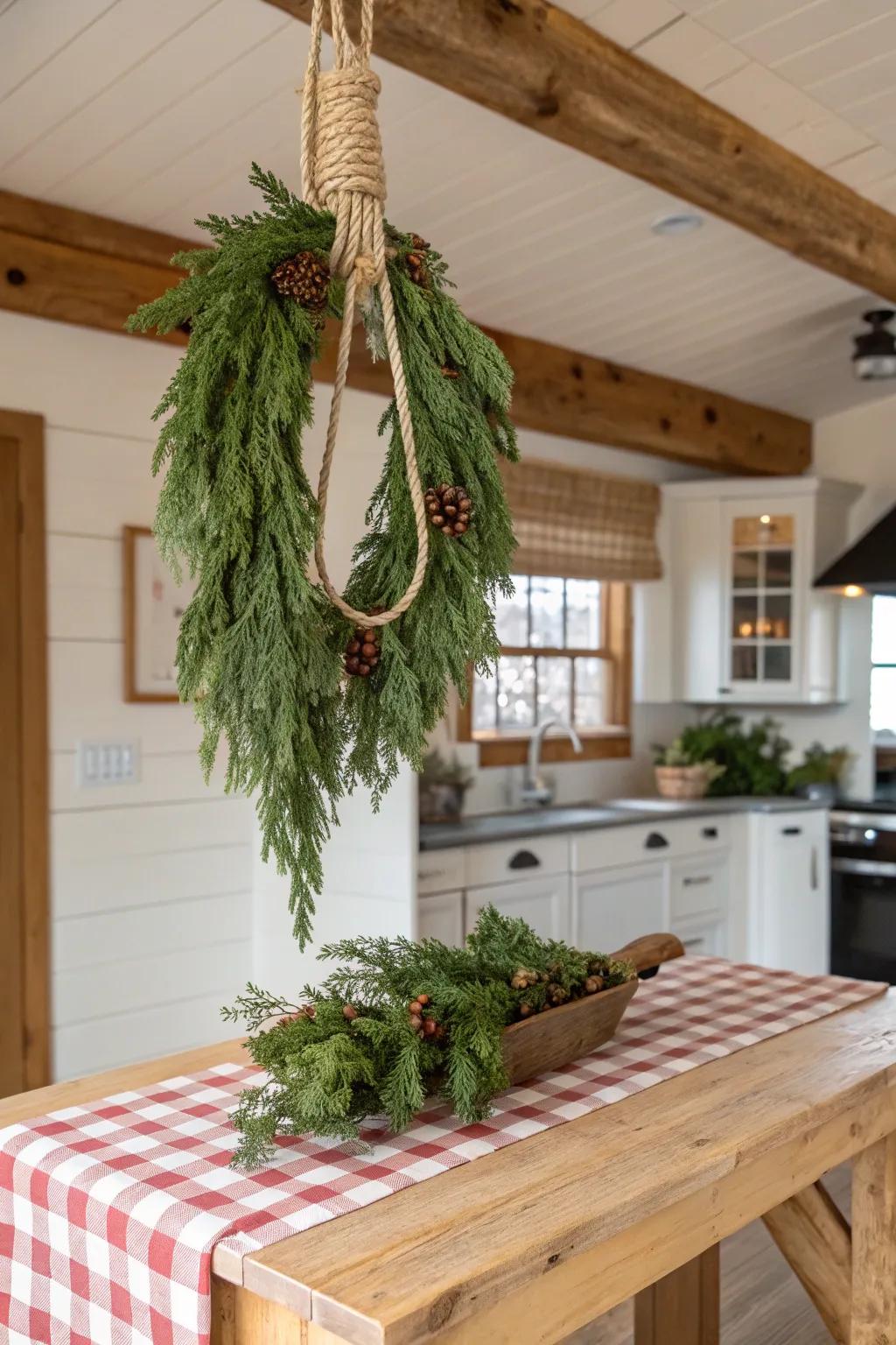 A rustic swag featuring rope and twine in a farmhouse kitchen.