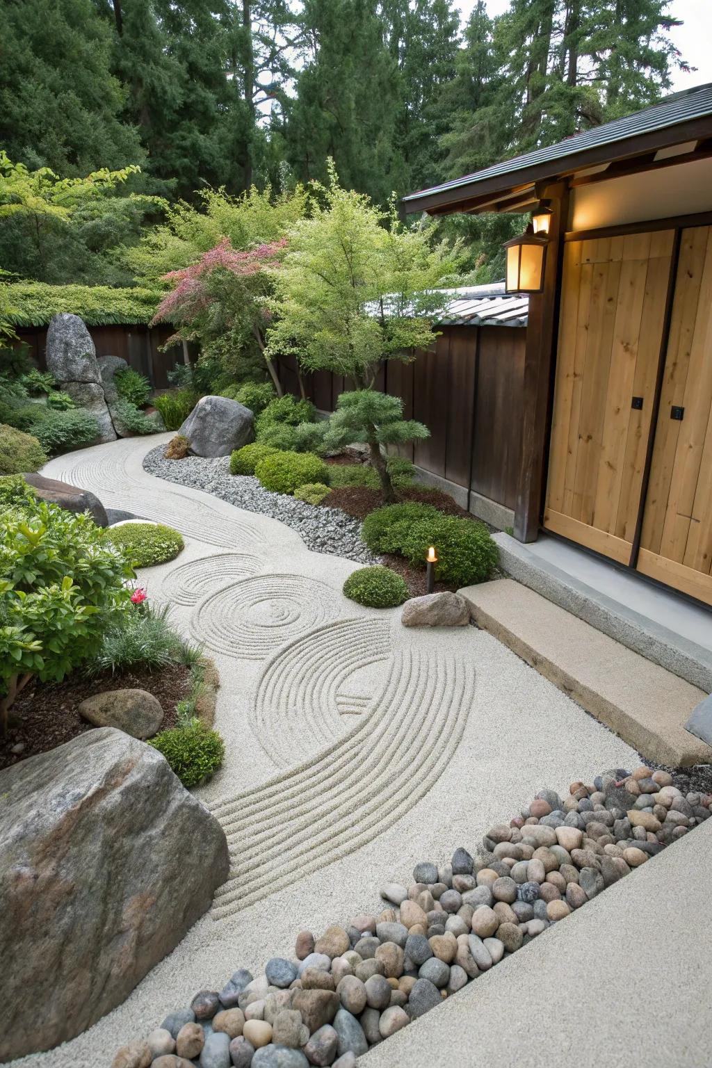 A calming Zen garden provides a meditative retreat close to a basement.