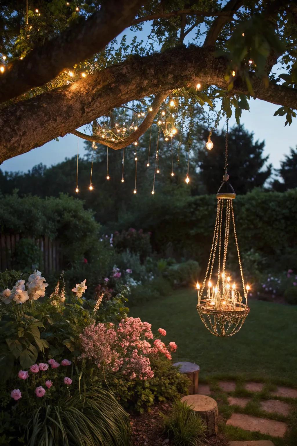 An ornamental light chandelier adds elegance to outdoor settings.