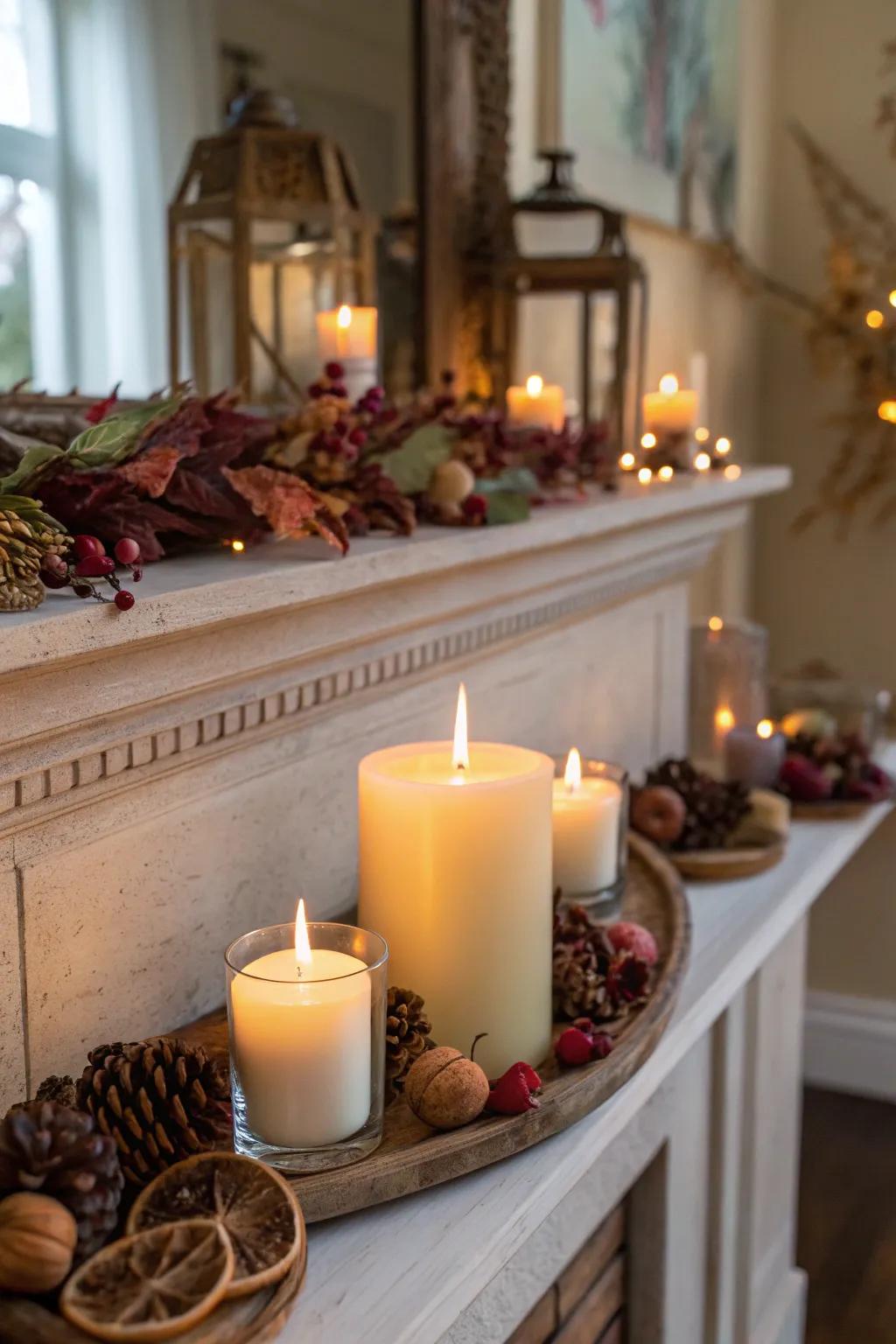 A fall mantel with scented tapers and potpourri.