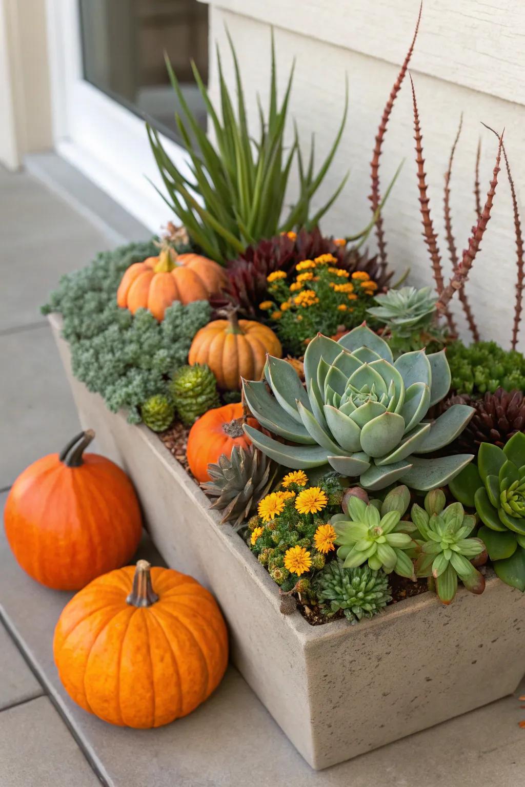 Succulents and gourds deliver a contemporary transformation on traditional fall decor.