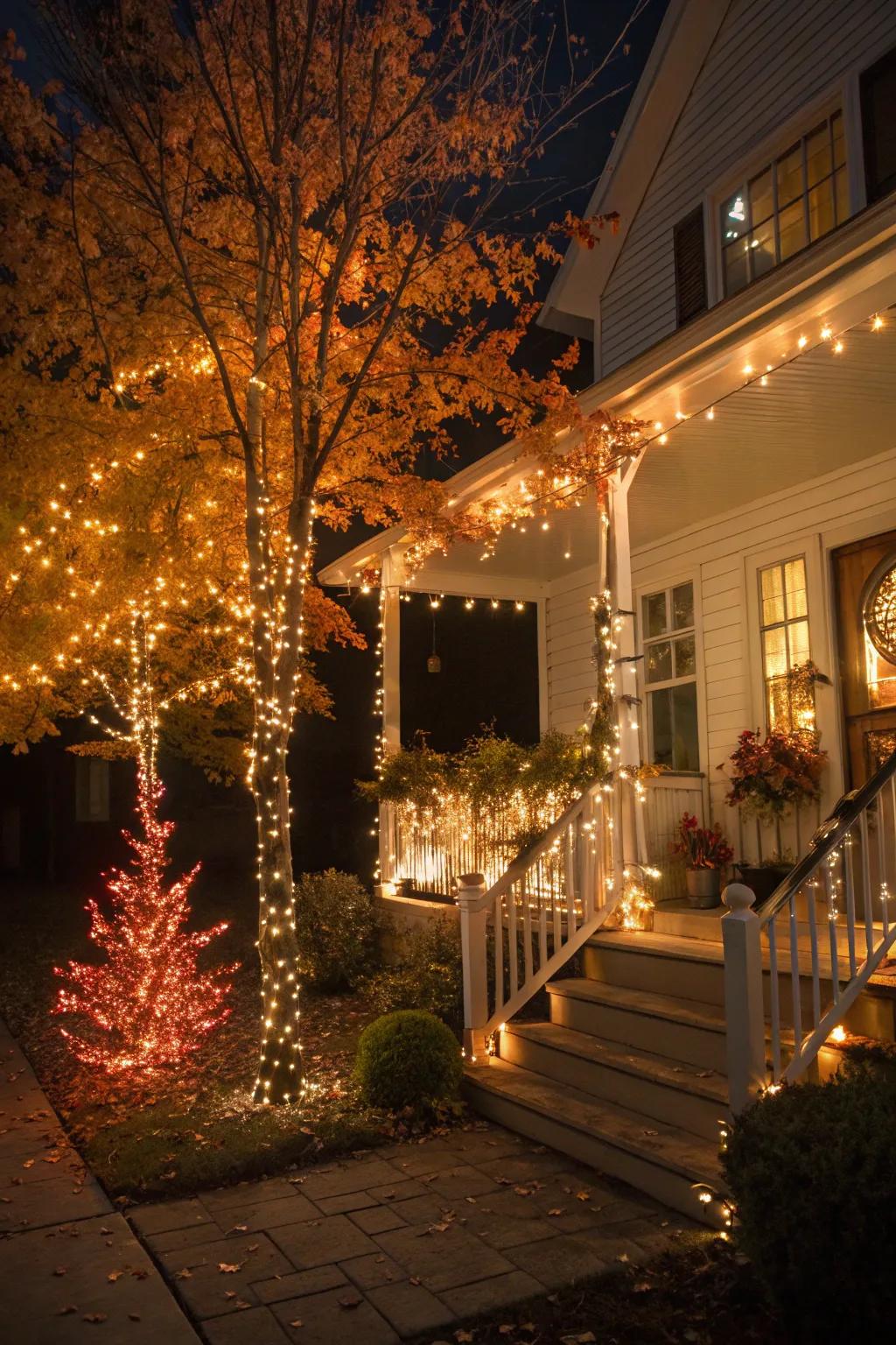 Twinkling saplings add height and a magical glow to the autumn porch.