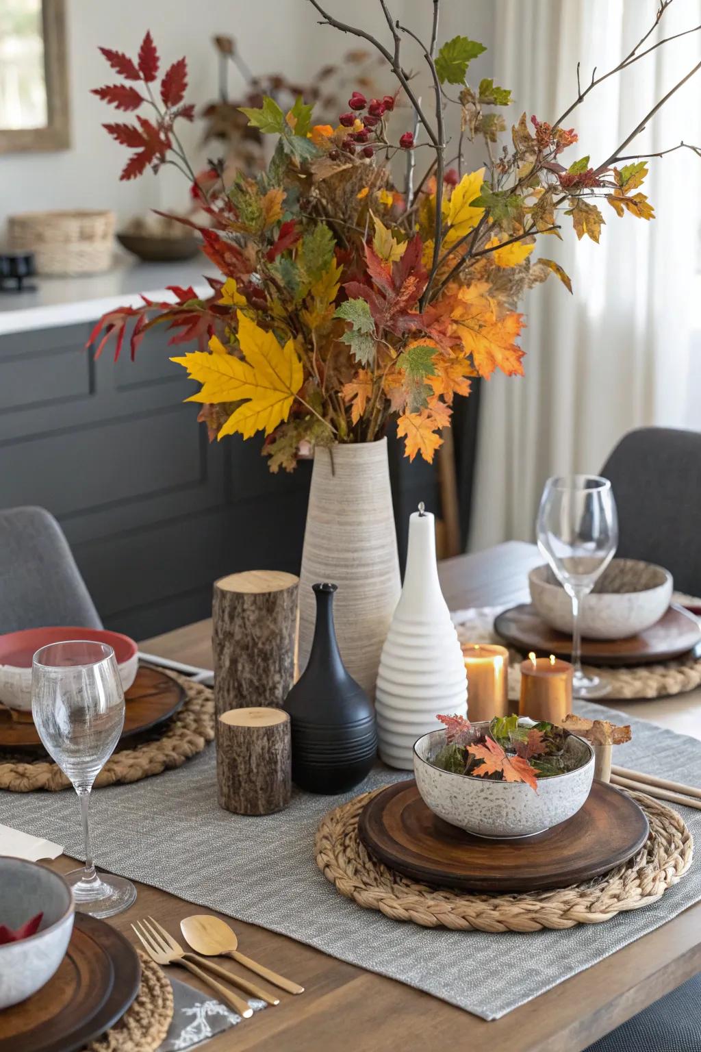 An eclectic assortment of elements creates a distinctive fall centerpiece.