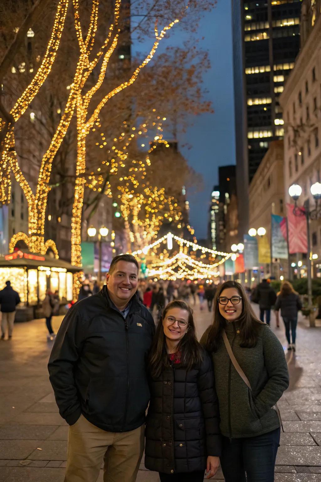 Capture the festive city atmosphere with a backdrop of twinkling city lights.