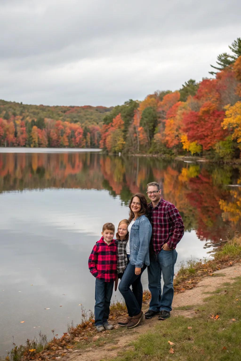 A lakeview presents tranquility and stunning reflections for family images.