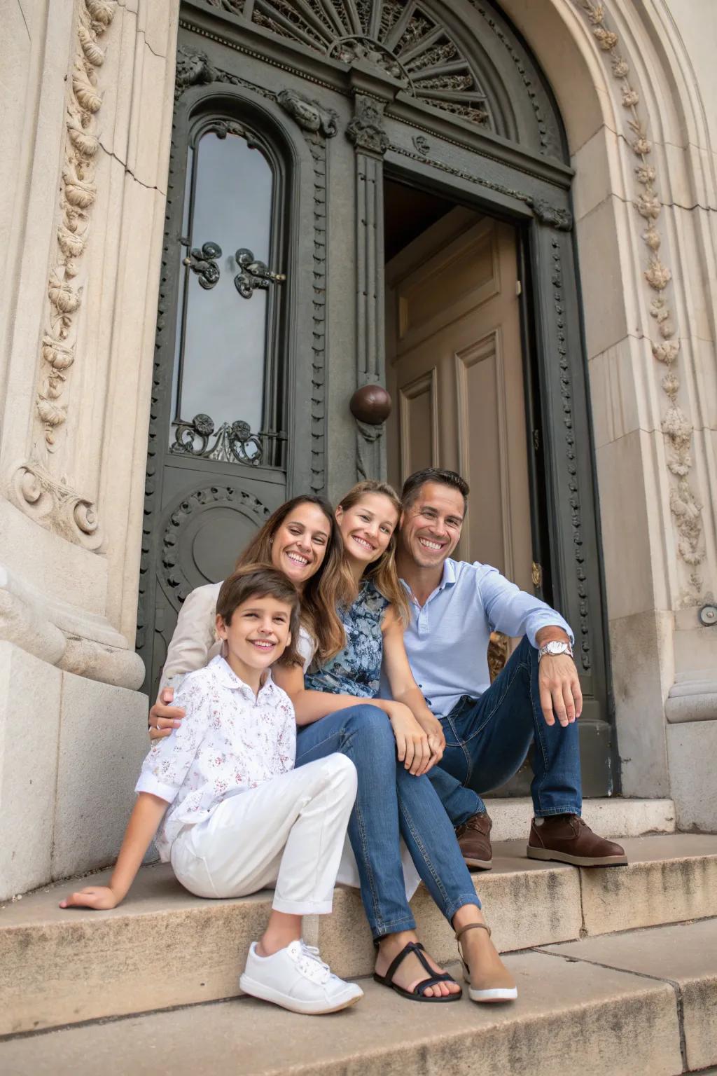 A doorway serves as a stately frame for a family gathering photo.