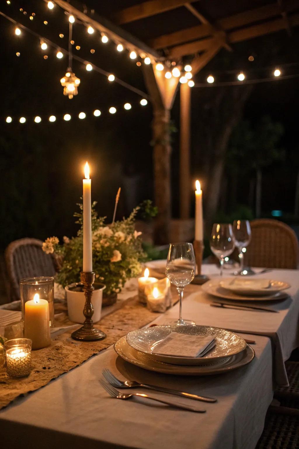 Layered lighting creates a cozy and inviting dining atmosphere.
