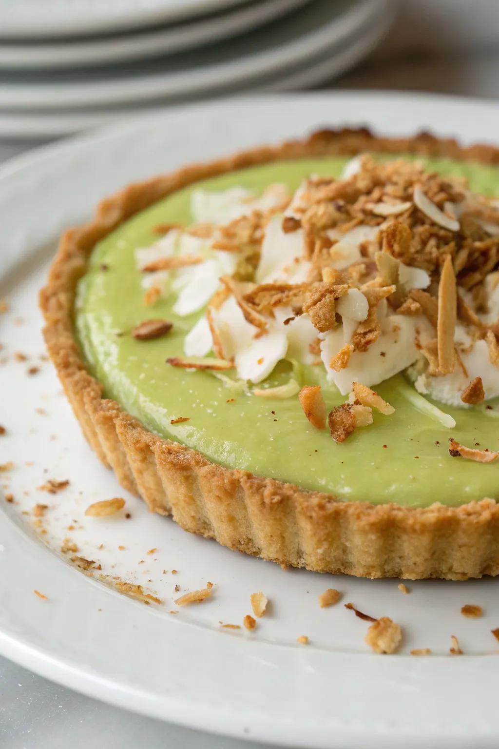 Coconut flakes add a tropical flair to the dessert.