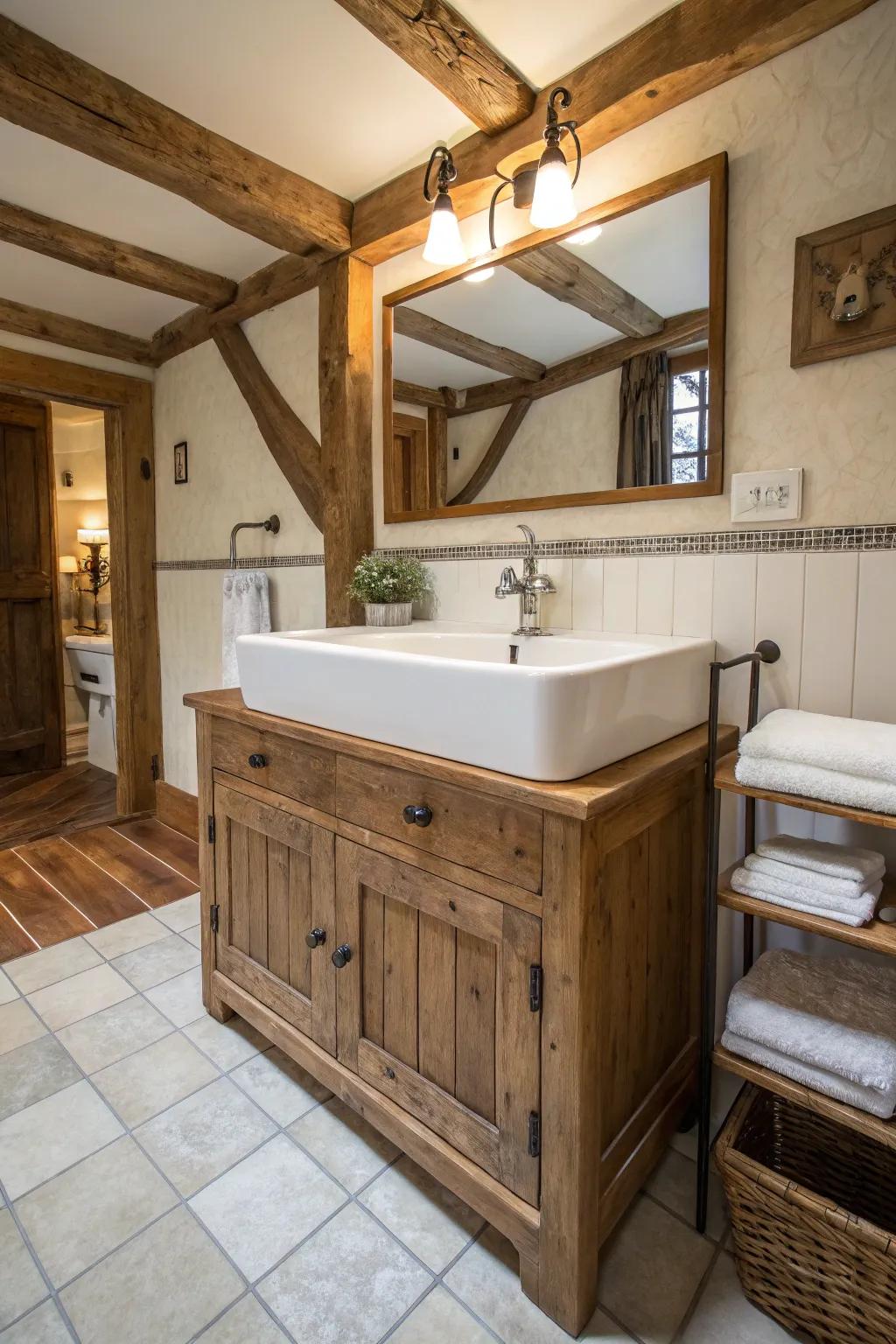 A bathroom gains both utility and charm from a country sink.