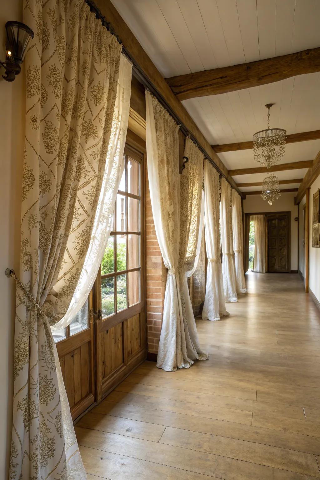 Elegant floor-to-ceiling panels adding grandeur to a spacious farmhouse hallway.