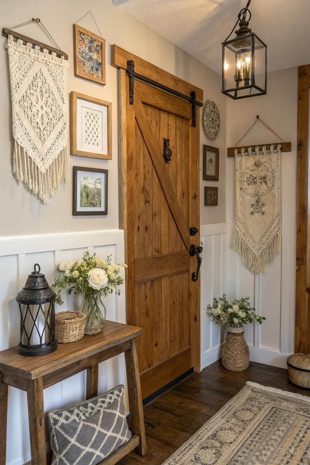 A countryside entryway personalized with rustic wall artistry.
