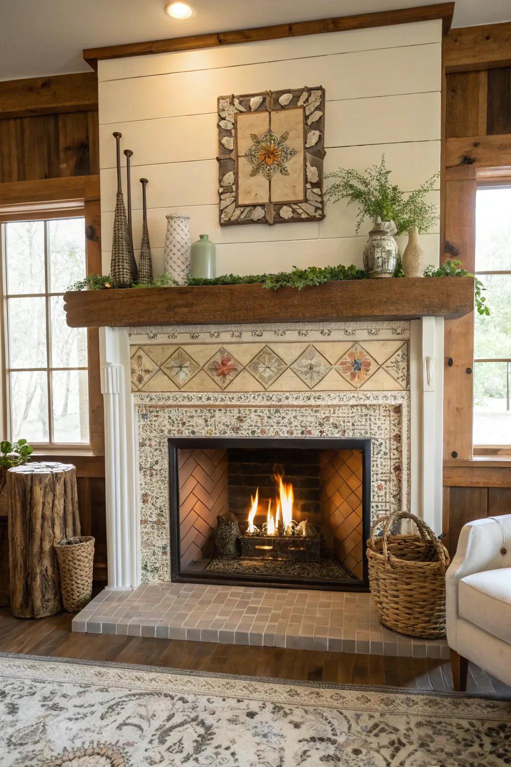 Elegant crystal mosaic tiles on a farmhouse fireplace.
