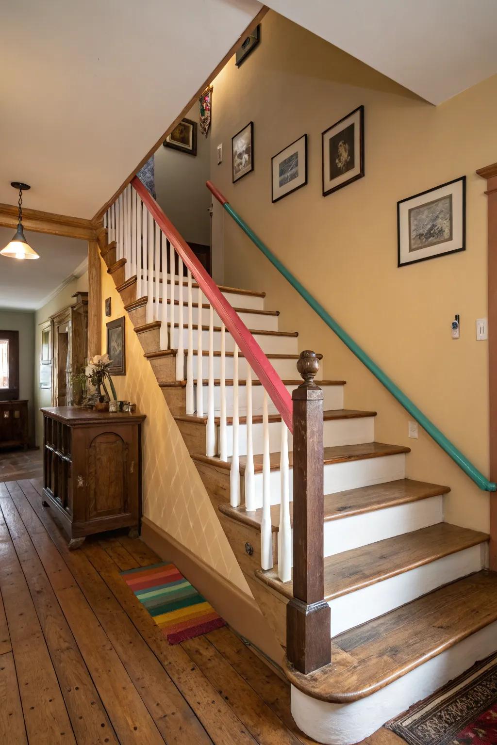 A pop of color on the handrail adds personality to your staircase.