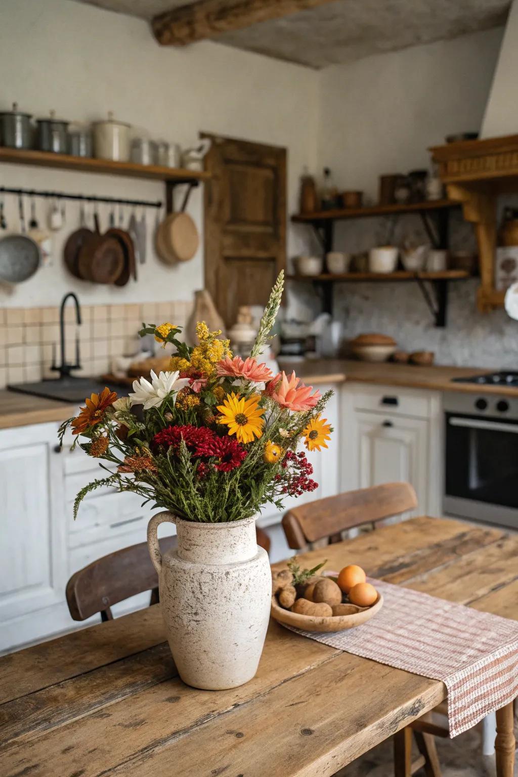 Ceramic vase with seasonal flowers adding a fresh touch to a farmhouse cooking area.