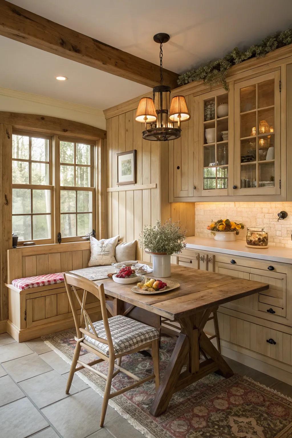 A cozy eating space introduces warmth to a cooking space with pale timber cabinetry.