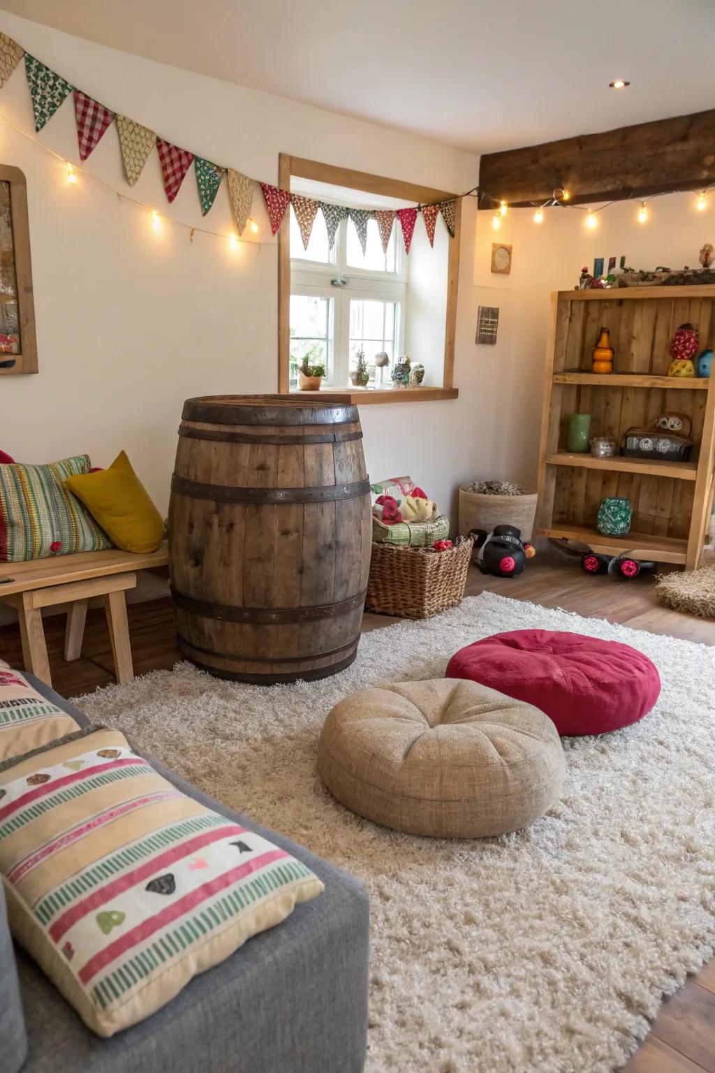 Unique seating adds a playful touch to this farmhouse living space.