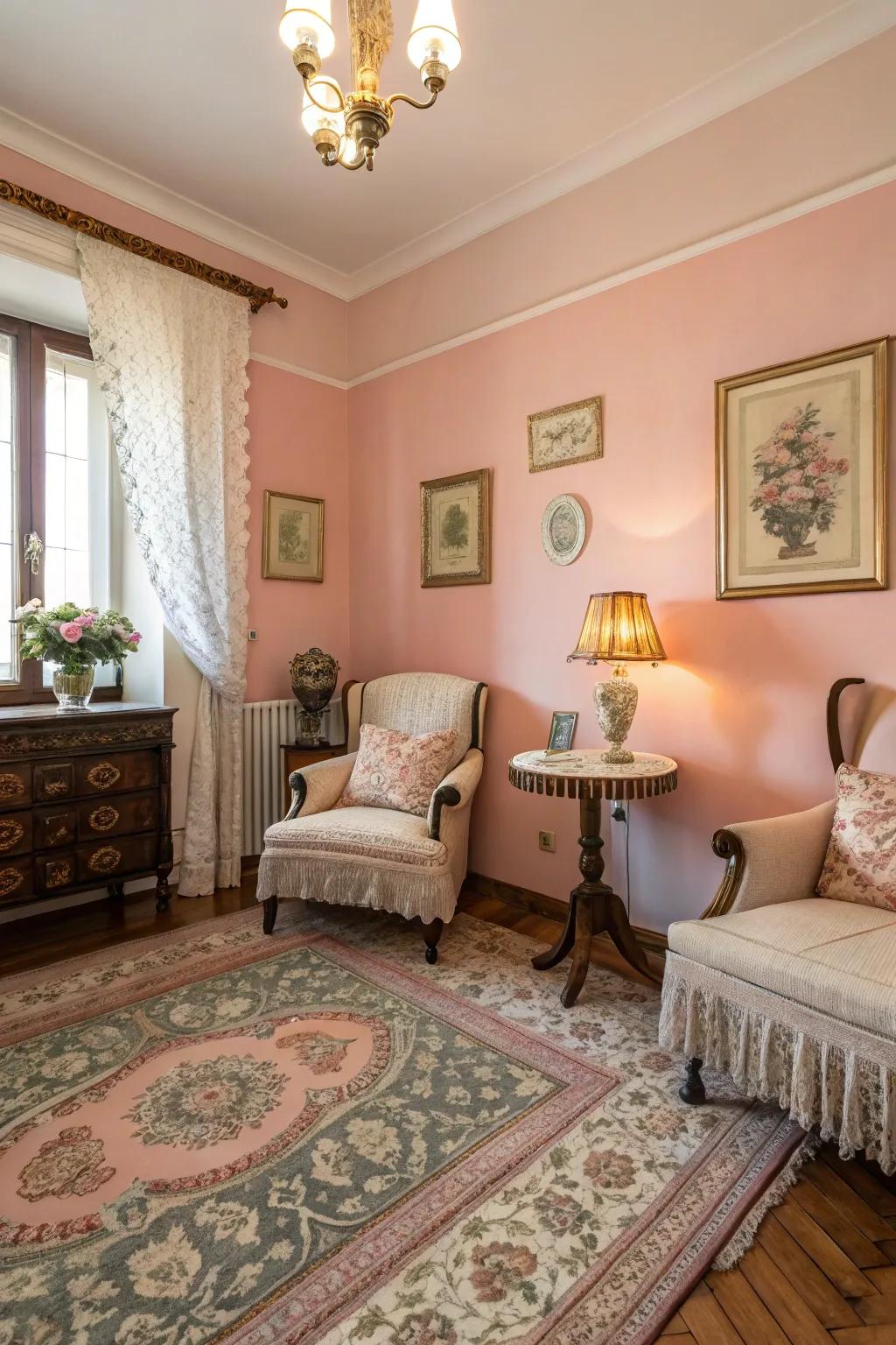 Rose pink walls introduce a romantic accent to this guest bedroom.