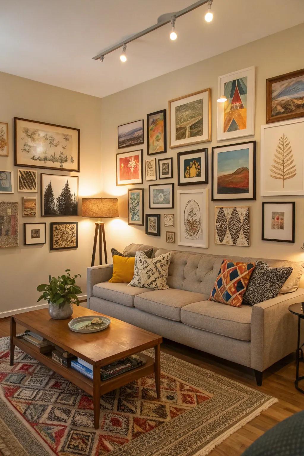 A living room featuring diverse and expressive wall decor pieces.