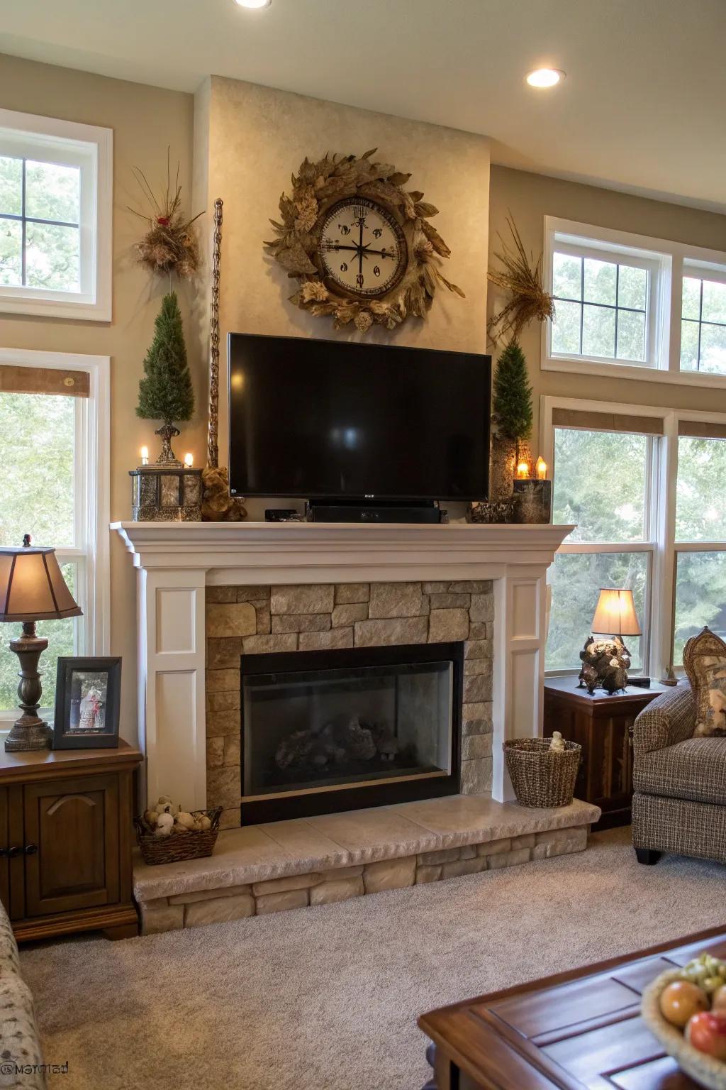 A family room showcasing a layered plinth display above the fireplace.